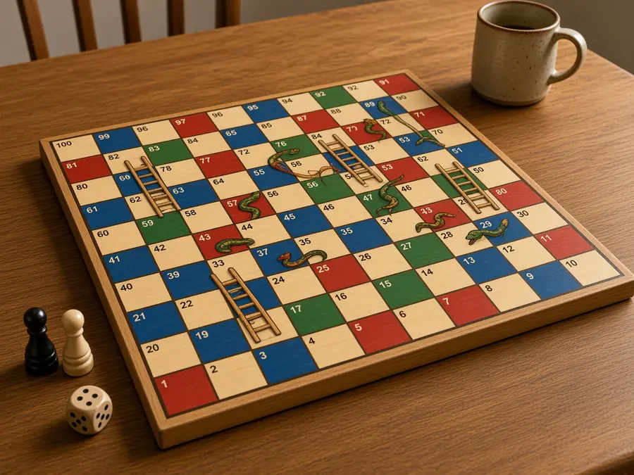 A 10×10 Snakes and Ladders board numbered 1 to 100 in folding rows